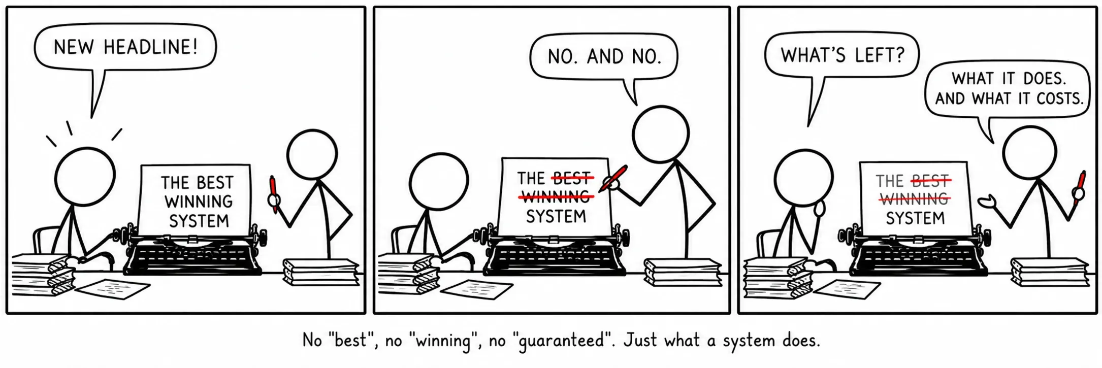 No “best”, no “winning”, no “guaranteed”. Just what a system does.