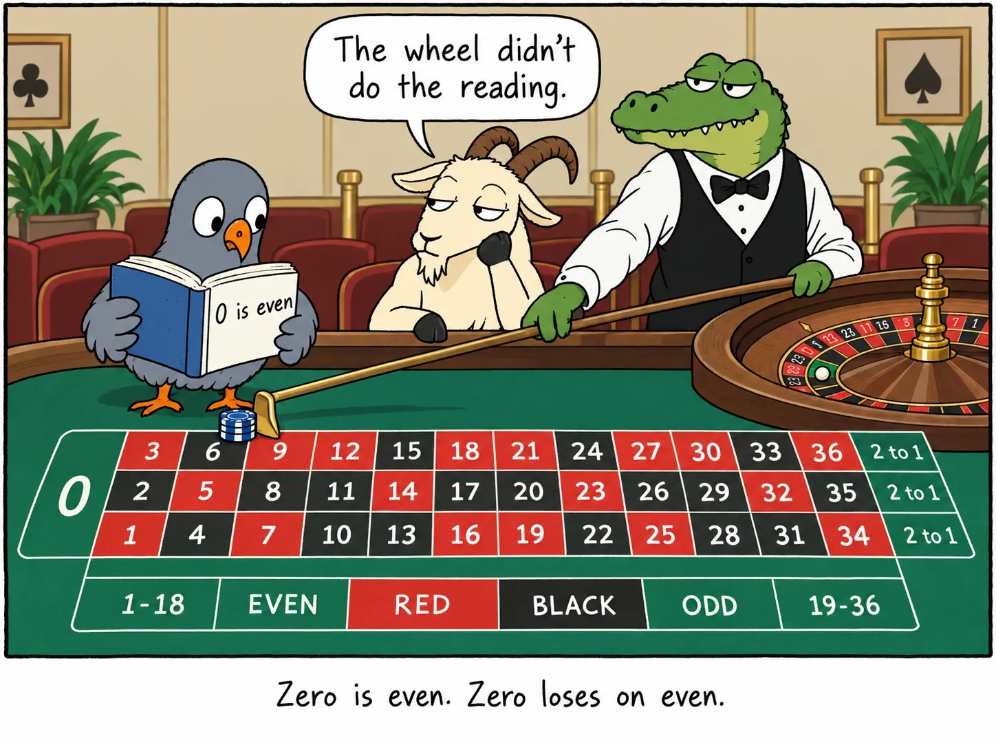 Zero is even. Zero loses on even.