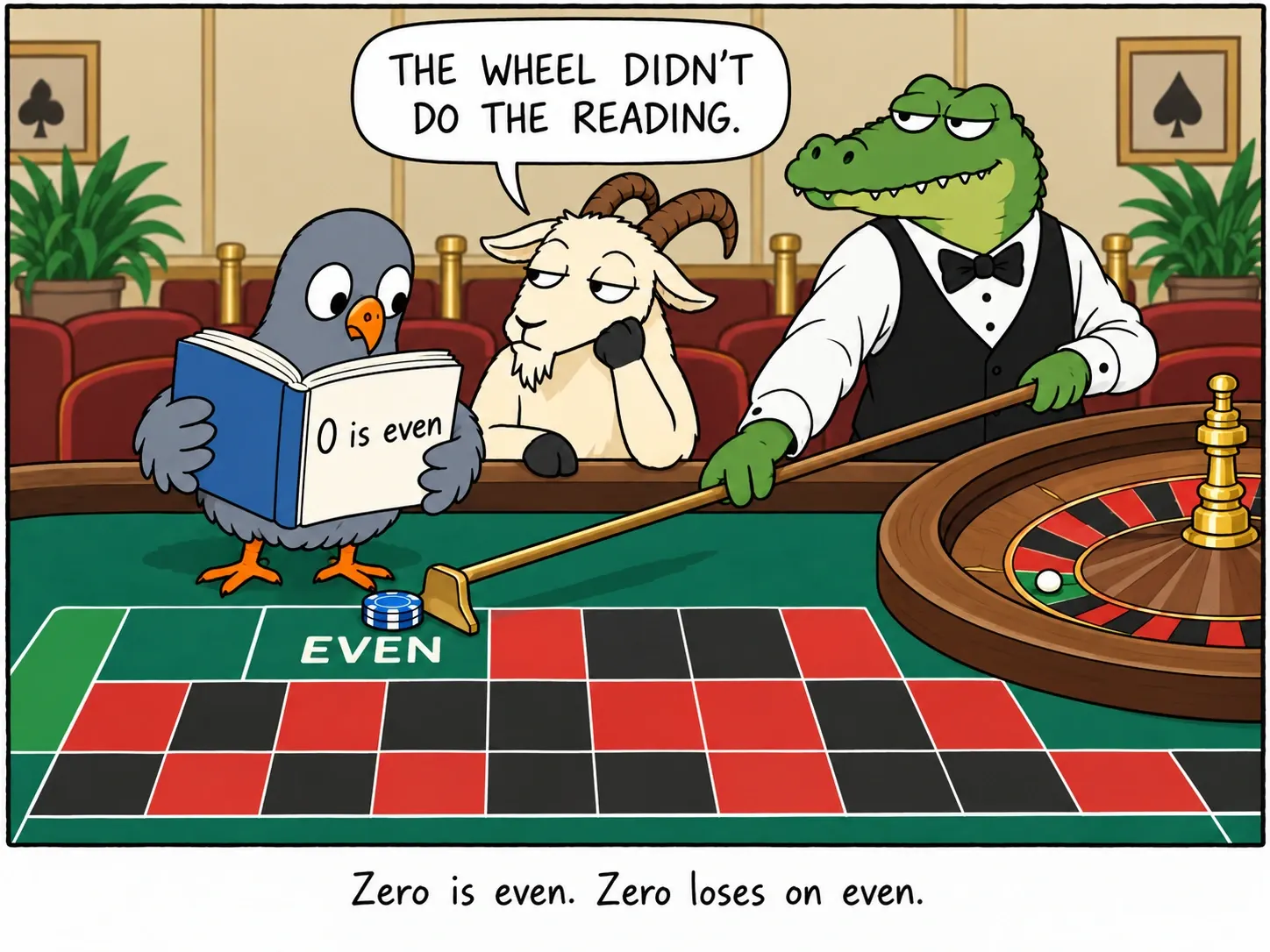 Zero is even. Zero loses on even.