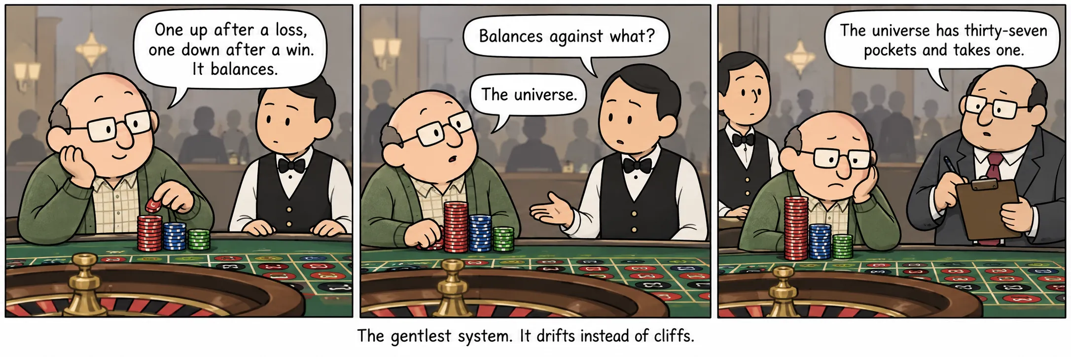 The gentlest system. It drifts instead of cliffs.