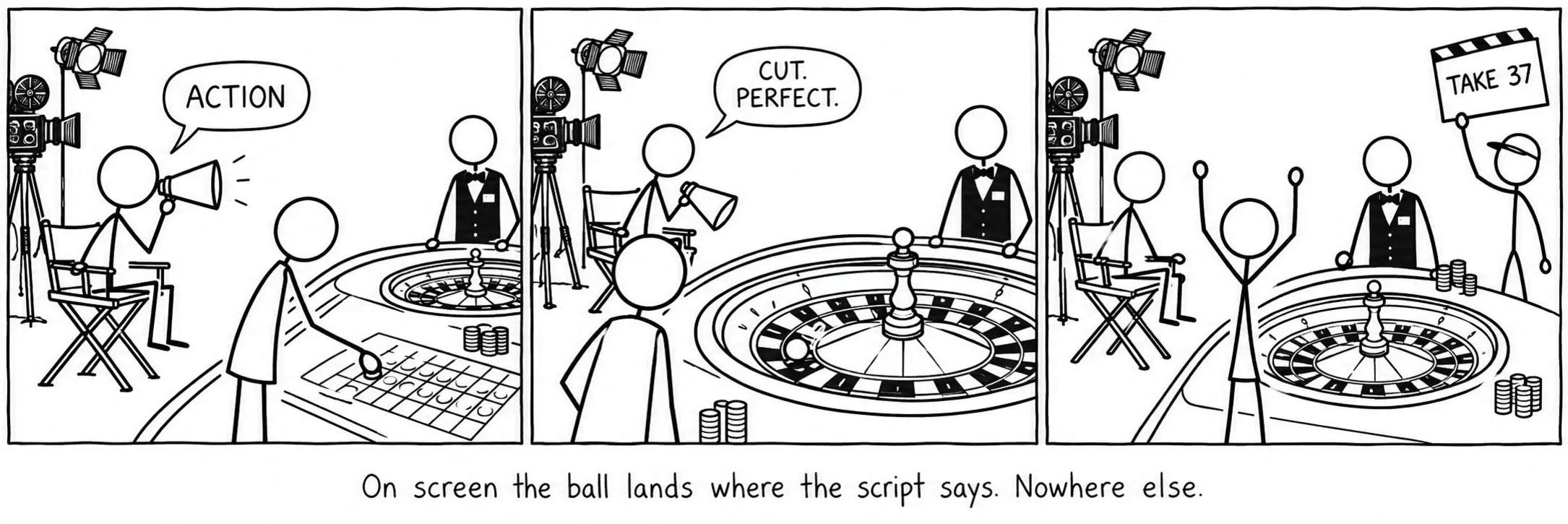 On screen the ball lands where the script says. Nowhere else.
