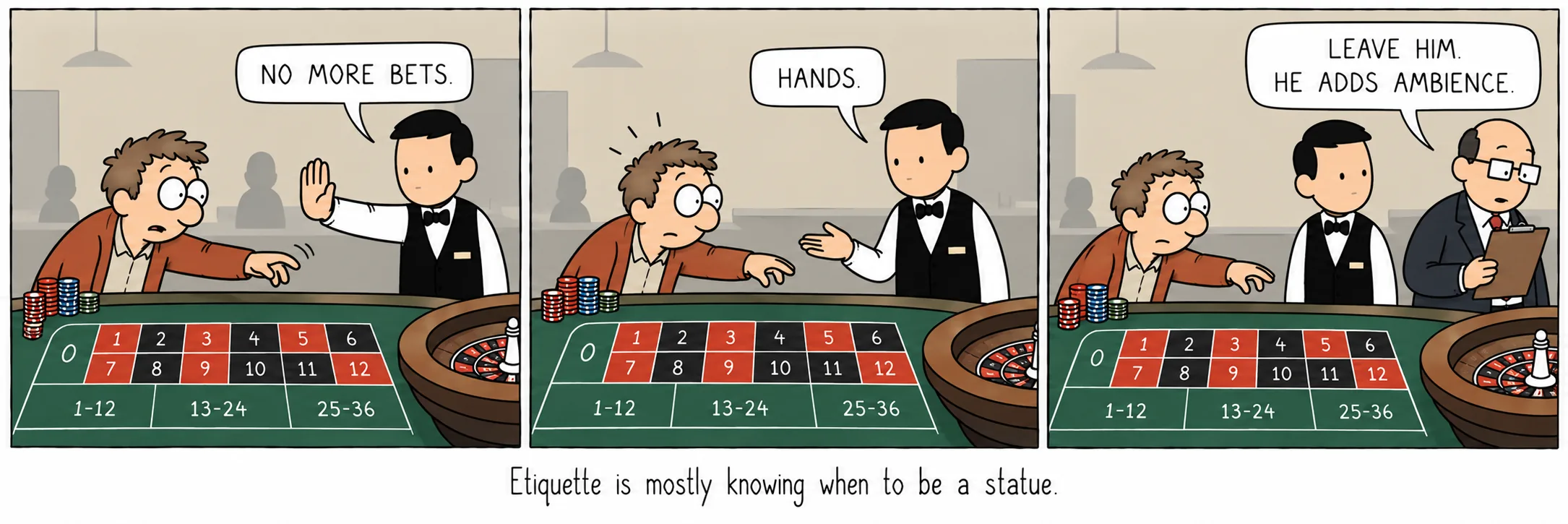 Etiquette is mostly knowing when to be a statue.