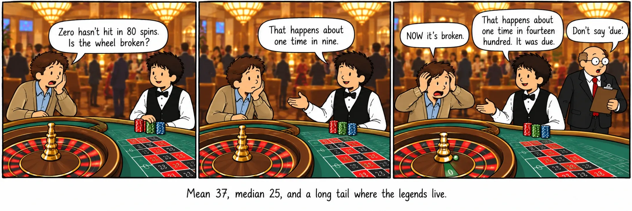 Mean 37, median 25, and a long tail where the legends live.