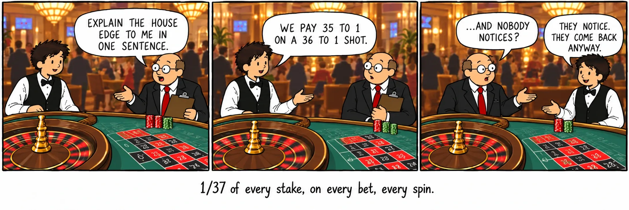 1/37 of every stake, on every bet, every spin.