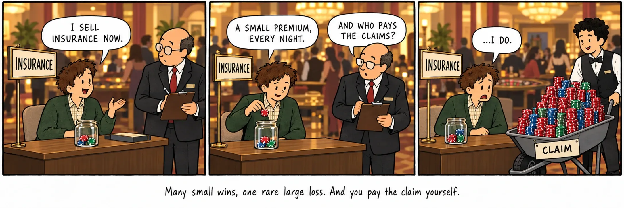 Many small wins, one rare large loss. And you pay the claim yourself.